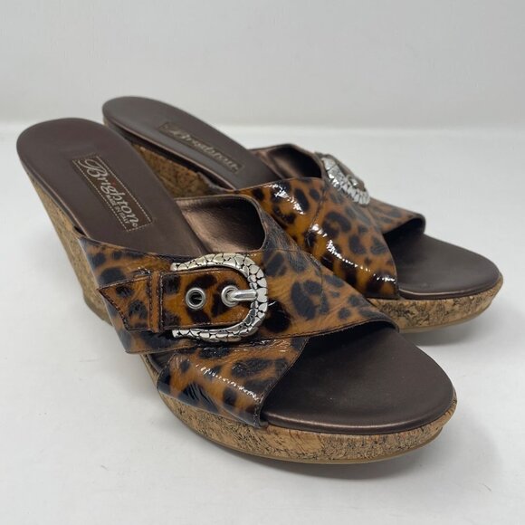 Brighton Summer Leopard Print Cork Wedge Sandals Size 6.5 - Picture 1 of 10